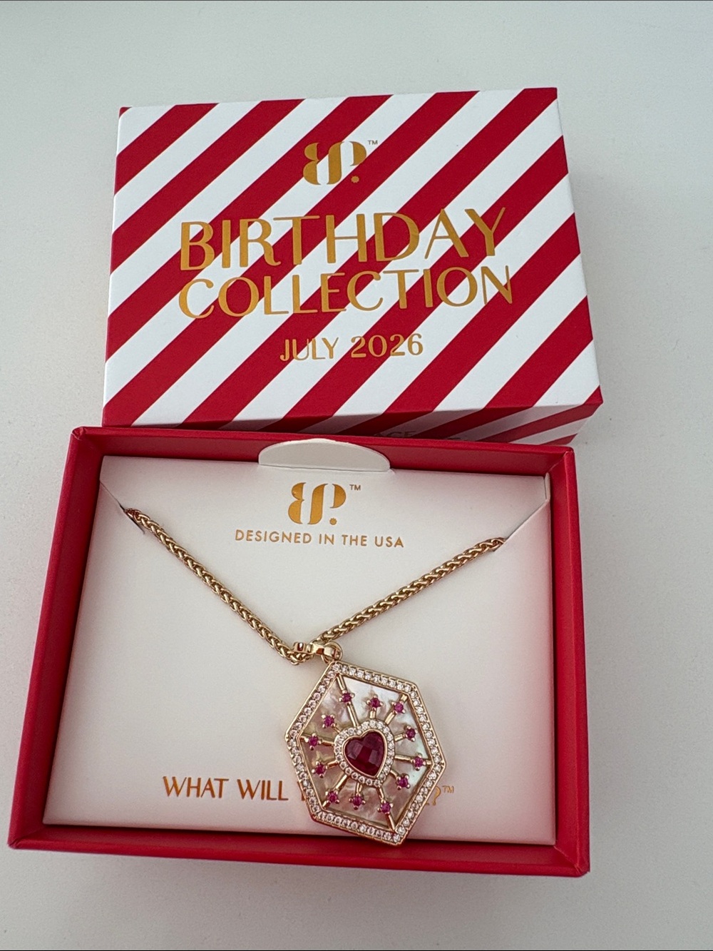 Gold Hexagon Pendant Necklace with Pink Heart Gem